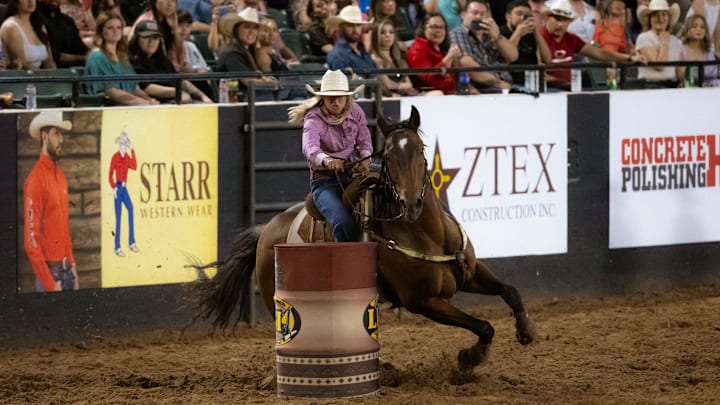Katelyn Scott competes in barrel racing at the Starr Western Wears Rodeo’s opening night at the El Paso County Coliseum on Friday, June 21, 2024.