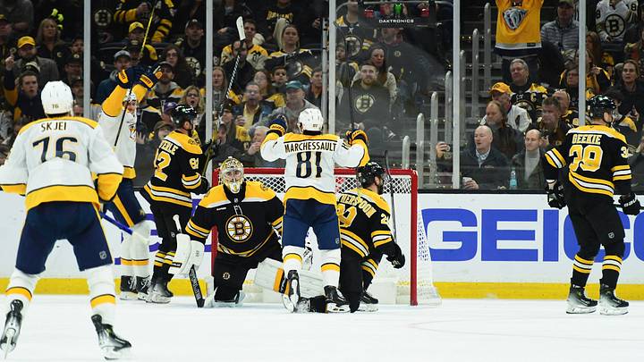 Mar 4, 2025; Boston, Massachusetts, USA; Nashville Predators center Jonathan Marchessault (81) reacts after scoring a goal past Boston Bruins goaltender Jeremy Swayman (1) during the third period at TD Garden. Mandatory Credit: Bob DeChiara-Imagn Images Mar 4, 2025; Boston, Massachusetts, USA; Nashville Predators center Jonathan Marchessault (81) reacts after scoring a goal past Boston Bruins goaltender Jeremy Swayman (1) during the third period at TD Garden. Mandatory Credit: Bob DeChiara-Imagn Images