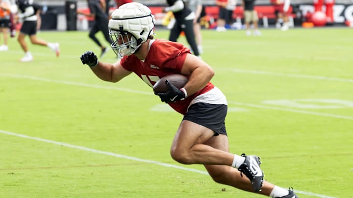 Jul 24, 2025; Glendale, AZ, USA; Arizona Cardinals tight end Josiah Deguara (47) during training camp at State Farm Stadium. 