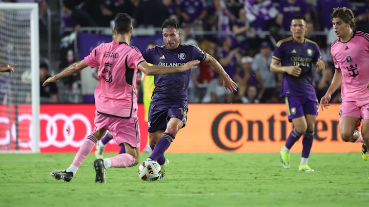 May 15, 2024; Orlando, Florida, USA; Orlando City midfielder Cesar Araújo (5) plays the ball defense