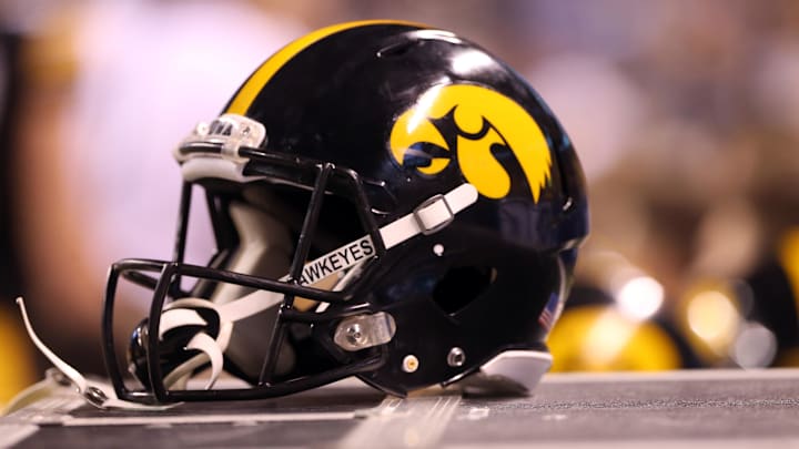Dec 5, 2015; Indianapolis, IN, USA; A Iowa Hawkeyes helmet sits on the side line during the the Big Ten Conference football championship game between the Iowa Hawkeyes and the Michigan State Spartans at Lucas Oil Stadium. Mandatory Credit: Aaron Doster-Imagn Images