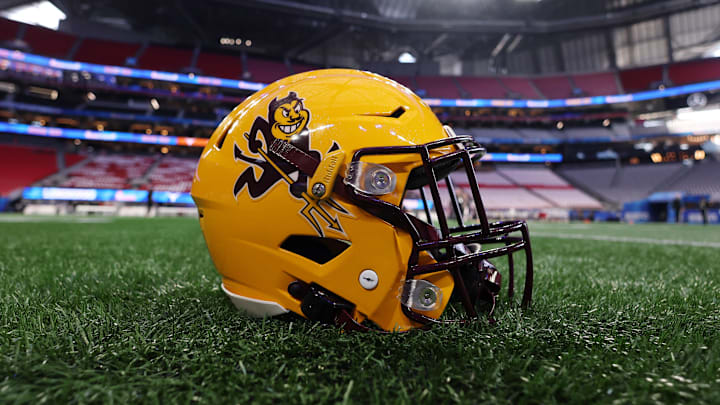 Jan 1, 2025; Atlanta, GA, USA; A detail view of an Arizona State Sun Devils helmet before the Peach Bowl at Mercedes-Benz Stadium. Mandatory Credit: Brett Davis-Imagn Images Jan 1, 2025; Atlanta, GA, USA; A detail view of an Arizona State Sun Devils helmet before the Peach Bowl at Mercedes-Benz Stadium. Mandatory Credit: Brett Davis-Imagn Images