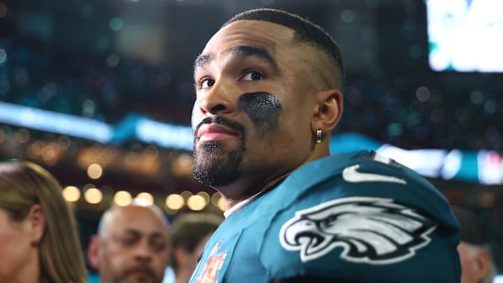 Feb 9, 2025; New Orleans, LA, USA; Philadelphia Eagles quarterback Jalen Hurts (1) reacts on the field after defeating the Kansas City Chiefs in Super Bowl LIX at Ceasars Superdome. Mandatory Credit: Mark J. Rebilas-Imagn Images
