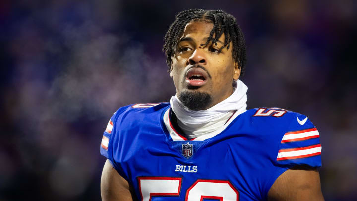 Jan 21, 2024; Orchard Park, New York, USA; Buffalo Bills defensive end Greg Rousseau (50) against the Kansas City Chiefs in the 2024 AFC divisional round game at Highmark Stadium. Mandatory Credit: Mark J. Rebilas-USA TODAY Sports