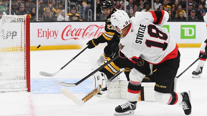 Tim Stützle buries his second of the night against Jeremy Swayman