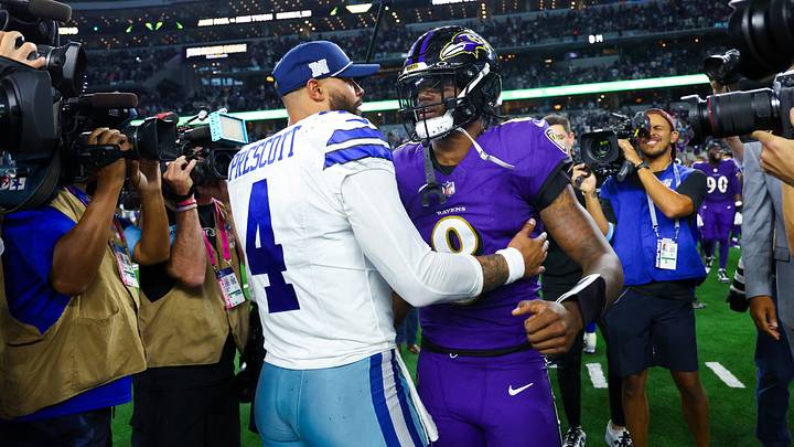 Dallas Cowboys quarterback Dak Prescott (4) hugs Baltimore Ravens quarterback Lamar Jackson (8) after the game at AT&T Stadium. Mandatory Credit: Kevin Jairaj-Imagn Images Dallas Cowboys quarterback Dak Prescott (4) hugs Baltimore Ravens quarterback Lamar Jackson (8) after the game at AT&T Stadium. Mandatory Credit: Kevin Jairaj-Imagn Images