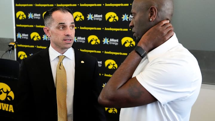 Iowa head men's basketball coach Ben McCollum speaks to Kenyon Murray after his introductory press conference Tuesday, March 25, 2025 at Carver-Hawkeye Arena in Iowa City, Iowa. Iowa head men's basketball coach Ben McCollum speaks to Kenyon Murray after his introductory press conference Tuesday, March 25, 2025 at Carver-Hawkeye Arena in Iowa City, Iowa.