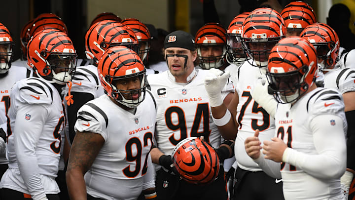 Dec 23, 2023; Pittsburgh, Pennsylvania, USA; Cincinnati Bengals defensive end Sam Hubbard (94) gets ready to put on his helmet as they prepare to play the Pittsburgh Steelers at Acrisure Stadium. Dec 23, 2023; Pittsburgh, Pennsylvania, USA; Cincinnati Bengals defensive end Sam Hubbard (94) gets ready to put on his helmet as they prepare to play the Pittsburgh Steelers at Acrisure Stadium.