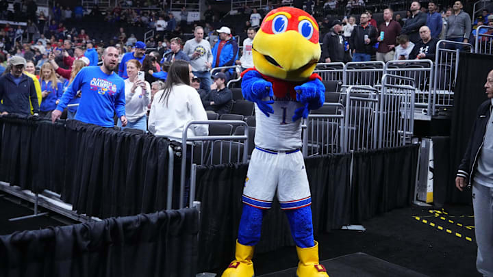 Mar 20, 2025; Providence, RI, USA;  Kansas Jayhawks mascot on the court prior to the first quarter against the Arkansas Razorbacks at Amica Mutual Pavilion. Mandatory Credit: Mandatory Credit: Gregory Fisher-Imagn Images