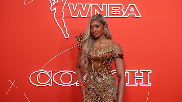Kiki Iriafen on the orange carpet before the 2025 WNBA Draft at The Shed at Hudson Yards. 