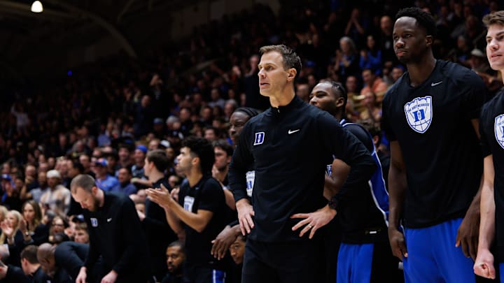 Duke Blue Devils head coach Jon Scheyer looks on against the Florida Gators during the first half at Cameron Indoor Stadium in Durham, NC.