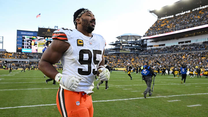 Dec 8, 2024; Pittsburgh, Pennsylvania, USA; Cleveland Browns defensive end Myles Garrett (95) leaves the field following  a game against the Pittsburgh Steelers at Acrisure Stadium. Mandatory Credit: Barry Reeger-Imagn Images