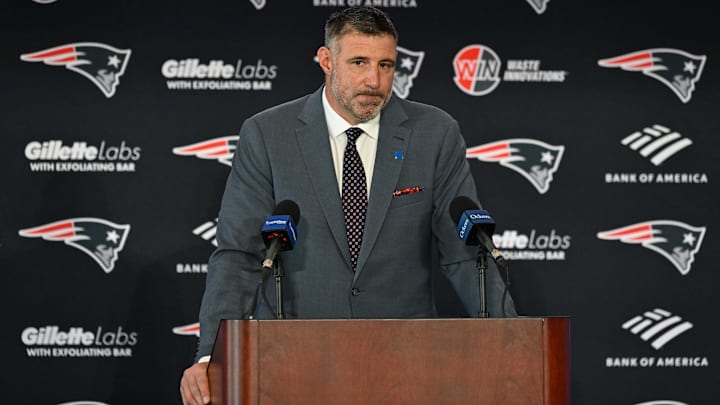 Mike Vrabel addresses the media at a press conference to announce his hiring as the New England Patriots head coach at Gillette Stadium.