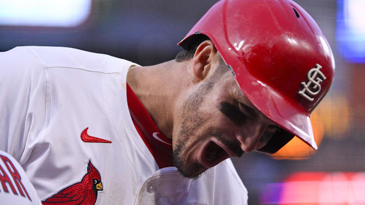 Mar 27, 2025; St. Louis, Missouri, USA;  St. Louis Cardinals third baseman Nolan Arenado (28) reacts after hitting a solo home run against the Minnesota Twins during the eighth inning at Busch Stadium. Mandatory Credit: Jeff Curry-Imagn Images