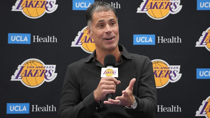 Sep 25, 2024; El Segundo, CA, USA; Los Angeles Lakers general manager Rob Pelinka at press conference at UCLA Health Training Center. Mandatory Credit: Kirby Lee-Imagn Images