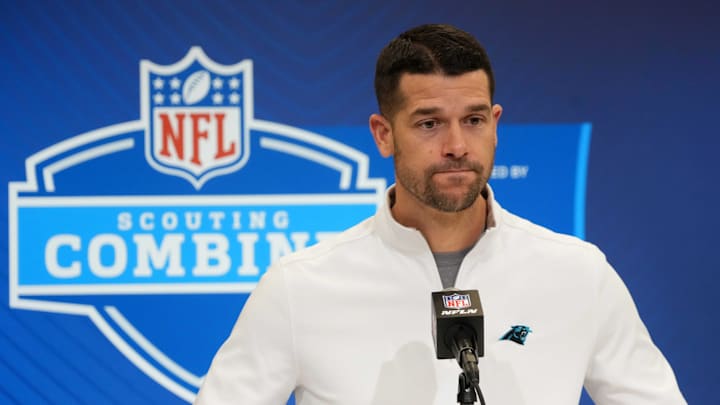 Feb 25, 2025; Indianapolis, IN, USA; Carolina Panthers coach Dave Canales speaks during the NFL Scouting Combine at the Indiana Convention Center. Mandatory Credit: Kirby Lee-Imagn Images Feb 25, 2025; Indianapolis, IN, USA; Carolina Panthers coach Dave Canales speaks during the NFL Scouting Combine at the Indiana Convention Center. Mandatory Credit: Kirby Lee-Imagn Images