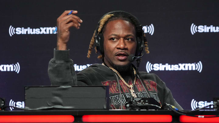 Feb 8, 2023; Phoenix, AZ, USA; Adam Jones aka Pacman Jones on the SiriusXM Sports set on radio row at the media center at the Phoenix Convention Center. Mandatory Credit: Kirby Lee-Imagn Images