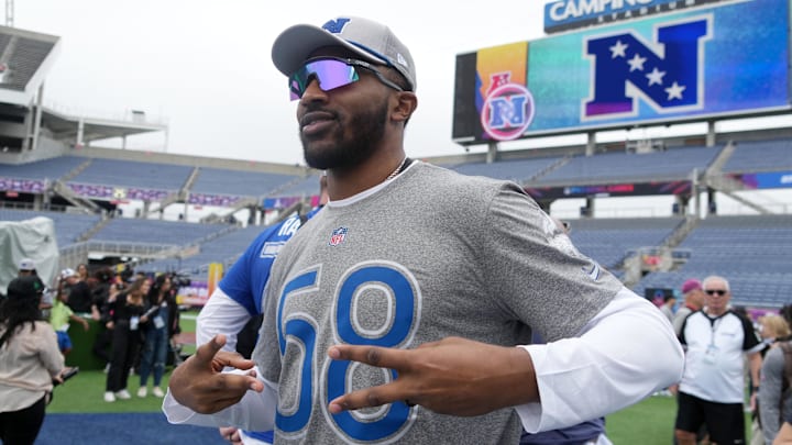 Feb 1, 2025; Orlando, FL, USA; Minnesota Vikings linebacker Jonathan Greenard (58) poses during NFC Practice for the Pro Bowl Games at Camping World Stadium. Feb 1, 2025; Orlando, FL, USA; Minnesota Vikings linebacker Jonathan Greenard (58) poses during NFC Practice for the Pro Bowl Games at Camping World Stadium.