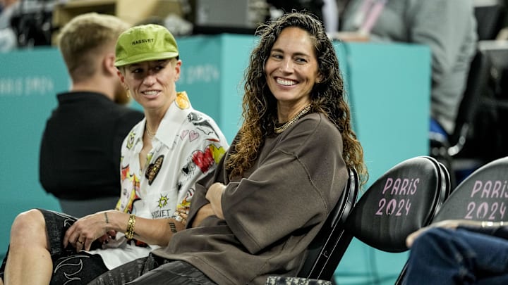 Aug 9, 2024; Paris, France; Megan Rapinoe and Sue Bird watch a women's basketball semifinal game during the Paris 2024 Olympic Summer Games at Accor Arena. Mandatory Credit: Kyle Terada-Imagn Images
