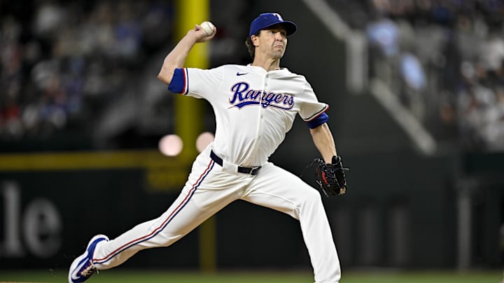 Sep 24, 2025; Arlington, Texas, USA; Texas Rangers starting pitcher Jacob deGrom (48) throws the ball during the third inning against the Minnesota Twins at Globe Life Field. Mandatory Credit: Jerome Miron-Imagn Images