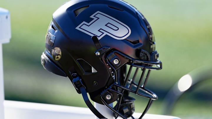 A detail view of a Purdue Boilermakers helmet on the sideline