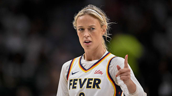 Aug 1, 2025; Dallas, Texas, USA; Indiana Fever guard Sophie Cunningham (8) in action during the game between the Dallas Wings and the Indiana Fever at the American Airlines Center. Mandatory Credit: Jerome Miron-Imagn Images
