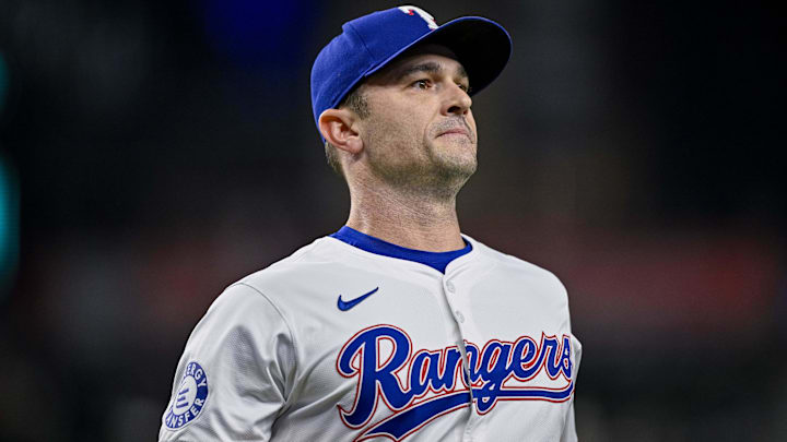 Sep 5, 2024; Arlington, Texas, USA; Texas Rangers relief pitcher David Robertson (37) comes off the field after he pitches against the Los Angeles Angels during the game at Globe Life Field