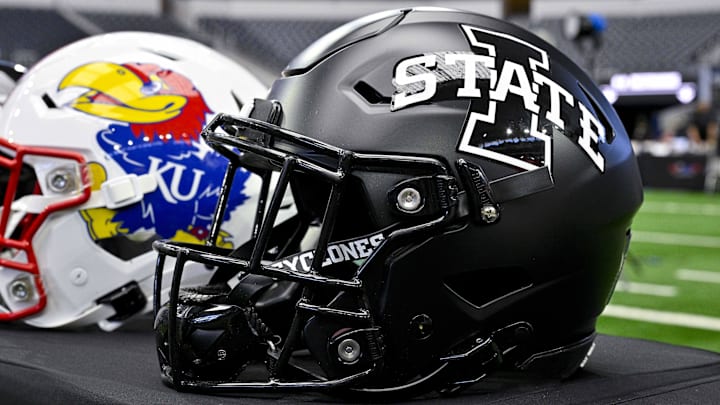 Jul 12, 2023; Arlington, TX, USA; A view of the Iowa State Cyclones helmet and logo during Big 12 football media day at AT&T Stadium. 
