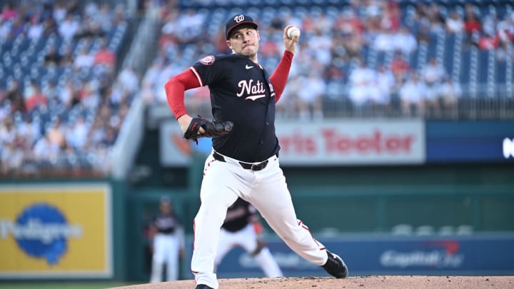 Aug 27, 2024; Washington, District of Columbia, USA; Washington Nationals starting pitcher Patrick Corbin (46) throws a pitch against the New York Yankees during the first inning at Nationals Park. Aug 27, 2024; Washington, District of Columbia, USA; Washington Nationals starting pitcher Patrick Corbin (46) throws a pitch against the New York Yankees during the first inning at Nationals Park.