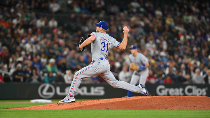Sep 14, 2024; Seattle, Washington, USA; Texas Rangers starting pitcher Max Scherzer (31) pitches to the Seattle Mariners during the first inning at T-Mobile Park. 