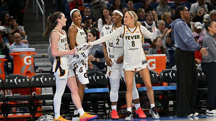 Aug 23, 2026; Chicago, Illinois, USA; Indiana Fever guard Caitlin Clark (22), forward Monique Billings (25), forward Myisha Hines-Allen (2) and guard Sophie Cunningham (8) celebrate from the bench against the Chicago Sky during the second half at Wintrust Arena. Mandatory Credit: Patrick Gorski-Imagn Images Aug 23, 2026; Chicago, Illinois, USA; Indiana Fever guard Caitlin Clark (22), forward Monique Billings (25), forward Myisha Hines-Allen (2) and guard Sophie Cunningham (8) celebrate from the bench against the Chicago Sky during the second half at Wintrust Arena. Mandatory Credit: Patrick Gorski-Imagn Images
