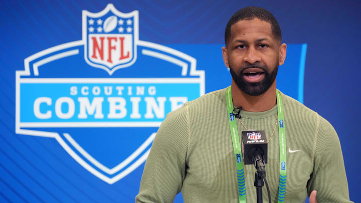 Feb 25, 2025; Indianapolis, IN, USA; Cleveland Browns general manager Andrew Berry speaks during the NFL Scouting Combine at the Indiana Convention Center. Mandatory Credit: Kirby Lee-Imagn Images Feb 25, 2025; Indianapolis, IN, USA; Cleveland Browns general manager Andrew Berry speaks during the NFL Scouting Combine at the Indiana Convention Center. Mandatory Credit: Kirby Lee-Imagn Images