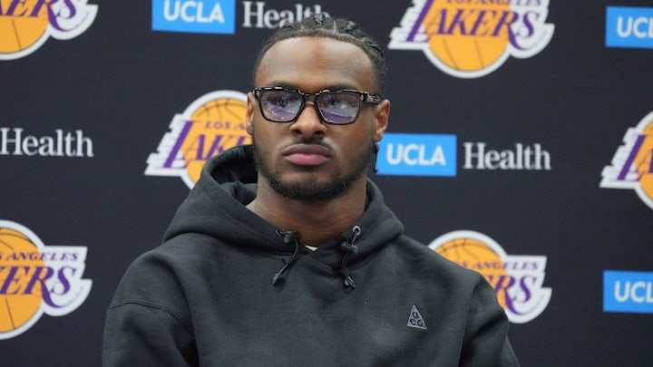 Jul 2, 2024; El Segundo, CA, USA; Los Angeles Lakers second round draft pick Bronny James at a press conference at the UCLA Health Training Center. Mandatory Credit: Kirby Lee-USA TODAY Sports