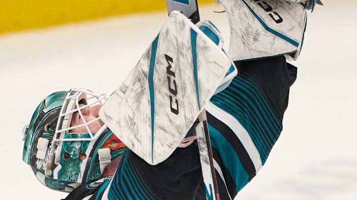 Mar 9, 2024; San Jose, California, USA; San Jose Sharks goaltender Magnus Chrona (30) reacts to his