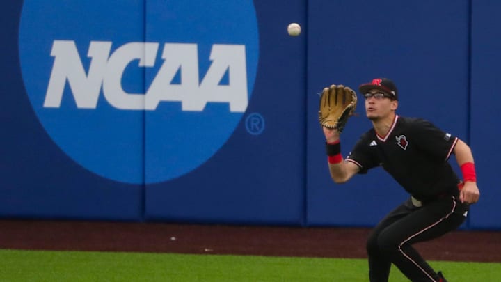Rutgers right fielder Trevor Cohen pulls in a fly in the fifth inning of Rutgers' 15-10 win against Delaware at Hannah Stadium to start a three-game weekend series in Newark, Delaware, Friday, March 15, 2024.