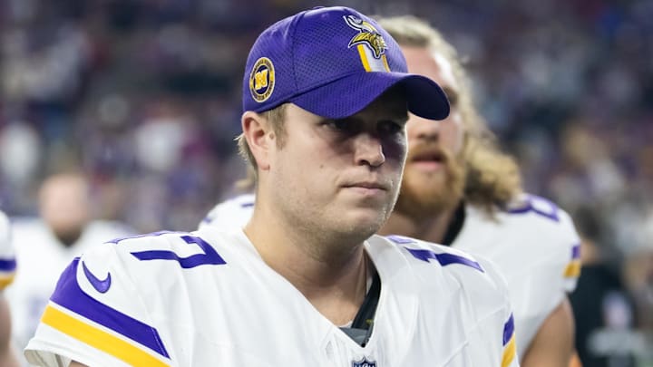 Jan 13, 2025; Glendale, AZ, USA; Minnesota Vikings punter Ryan Wright (17) against the Los Angeles Rams during an NFC wild card game at State Farm Stadium. Mandatory Credit: Mark J. Rebilas-Imagn Images