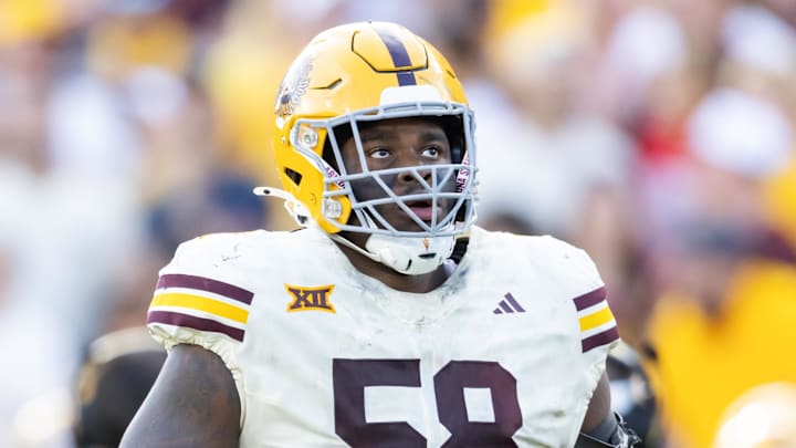 Oct 18, 2025; Tempe, Arizona, USA; Arizona State Sun Devils offensive lineman Max Iheanachor (58) against the Texas Tech Red Raiders at Mountain America Stadium. Mandatory Credit: Mark J. Rebilas-Imagn Images