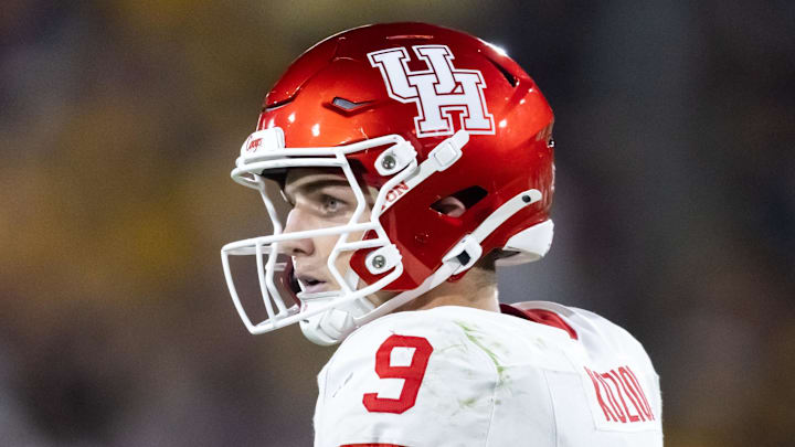 Oct 25, 2025; Tempe, Arizona, USA; Houston Cougars tight end Tanner Koziol (9) against the Arizona State Sun Devils at Mountain America Stadium. Mandatory Credit: Mark J. Rebilas-Imagn Images Oct 25, 2025; Tempe, Arizona, USA; Houston Cougars tight end Tanner Koziol (9) against the Arizona State Sun Devils at Mountain America Stadium. Mandatory Credit: Mark J. Rebilas-Imagn Images