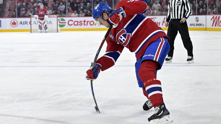 Apr 8, 2025; Montreal, Quebec, CAN; Montreal Canadiens forward Patrik Laine (92) takes a shot on net during the second period of the game against the Detroit Red Wings  at the Bell Centre. Mandatory Credit: Eric Bolte-Imagn Images