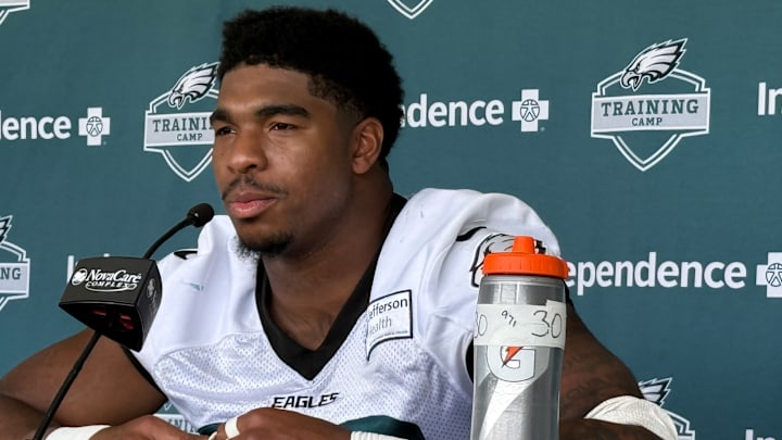 Eagles rookie first-round pick Jihaad Campbell talks to reporters after Day 9 of training camp. Eagles rookie first-round pick Jihaad Campbell talks to reporters after Day 9 of training camp.