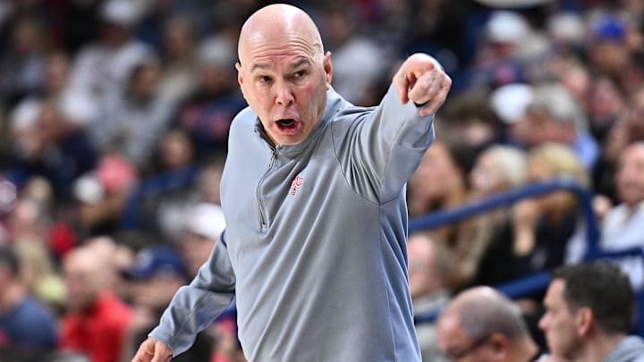 Jan 31, 2026; Spokane, Washington, USA; Saint Mary's Gaels head coach Randy Bennett points to his bench during a game against the Gonzaga Bulldogs in the second half at McCarthey Athletic Center. Gonzaga Bulldogs won 73-65. Mandatory Credit: James Snook-Imagn Images