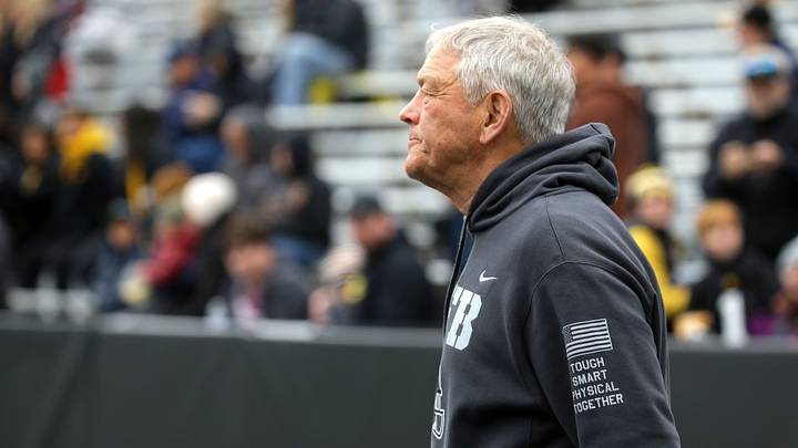 Iowa Hawkeyes head football coach Kirk Ferentz walks onto the field ahead of an open spring practice Saturday, April 20, 2024 at Kinnick Stadium in Iowa City, Iowa.