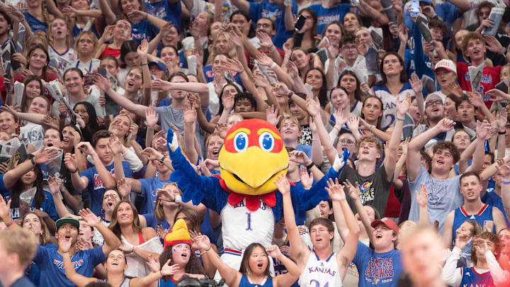 Big Jay waves the wheat with Kansas fans prior to tipoff of the game against Washburn inside Allen Fieldhouse Tuesday, Oct. 29, 2024.