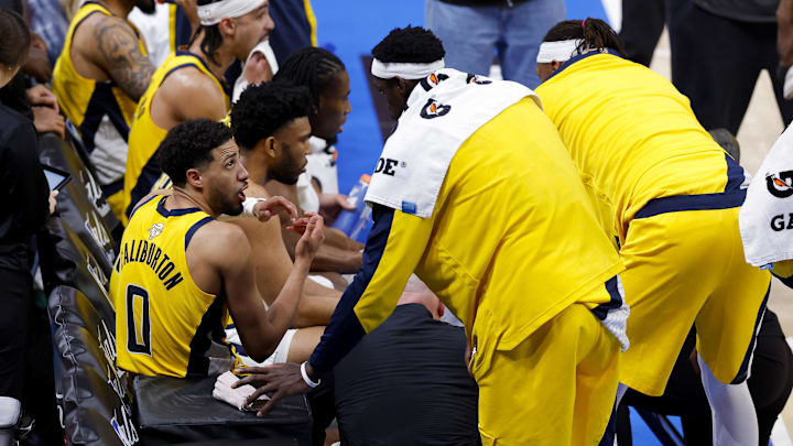 Tyrese Haliburton on the bench during Game 5 of the NBA Finals.