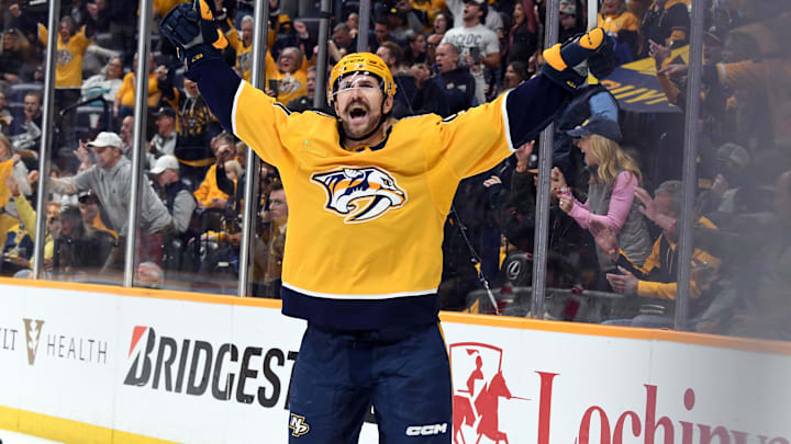 Mar 26, 2024; Nashville, Tennessee, USA; Nashville Predators left wing Filip Forsberg (9) celebrates