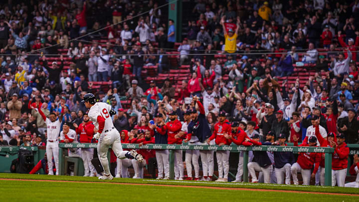 Jun 10, 2025; Boston, Massachusetts, USA; Boston Red Sox outfielder Roman Anthony (19) hits a double