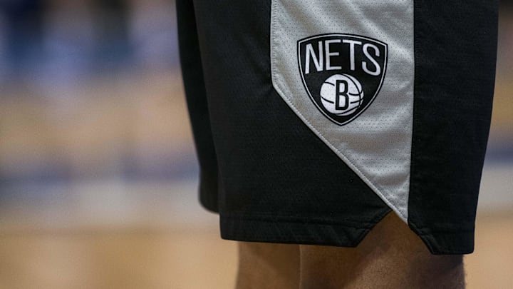 Nov 21, 2018; Dallas, TX, USA; A view of the team logo on the shorts of Brooklyn Nets forward Jared Dudley (6) as he warms up before the game against the Dallas Mavericks at the American Airlines Center. Mandatory Credit: Jerome Miron-Imagn Images