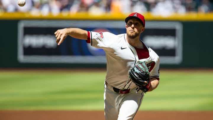 Apr 3, 2024; Phoenix, Arizona, USA; Arizona Diamondbacks pitcher Merrill Kelly against the New York Yankees at Chase Field. Mandatory Credit: Mark J. Rebilas-USA TODAY Sports