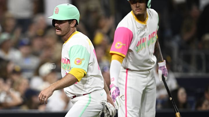 Jun 20, 2025; San Diego, California, USA; San Diego Padres designated hitter Trenton Brooks (41), left, is congratulated by Manny Machado (13) after scoring during the fifth inning against the against the Kansas City Royals at Petco Park. Mandatory Credit: Denis Poroy-Imagn Images Jun 20, 2025; San Diego, California, USA; San Diego Padres designated hitter Trenton Brooks (41), left, is congratulated by Manny Machado (13) after scoring during the fifth inning against the against the Kansas City Royals at Petco Park. Mandatory Credit: Denis Poroy-Imagn Images