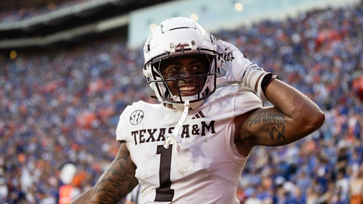 Sep 14, 2024; Gainesville, Florida, USA; Texas A&M Aggies defensive back Bryce Anderson (1) gestures to the crowd against the Florida Gators during the second half at Ben Hill Griffin Stadium. Mandatory Credit: Matt Pendleton-Imagn Images Sep 14, 2024; Gainesville, Florida, USA; Texas A&M Aggies defensive back Bryce Anderson (1) gestures to the crowd against the Florida Gators during the second half at Ben Hill Griffin Stadium. Mandatory Credit: Matt Pendleton-Imagn Images